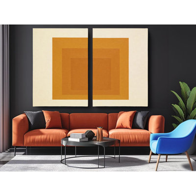 Mid Century Modern Geometric Canvas Print, Diptych Abstract Orange Wall Art, Retro Minimalist Square Decor - Large Amber Contemporary Set, Painting Reproduction