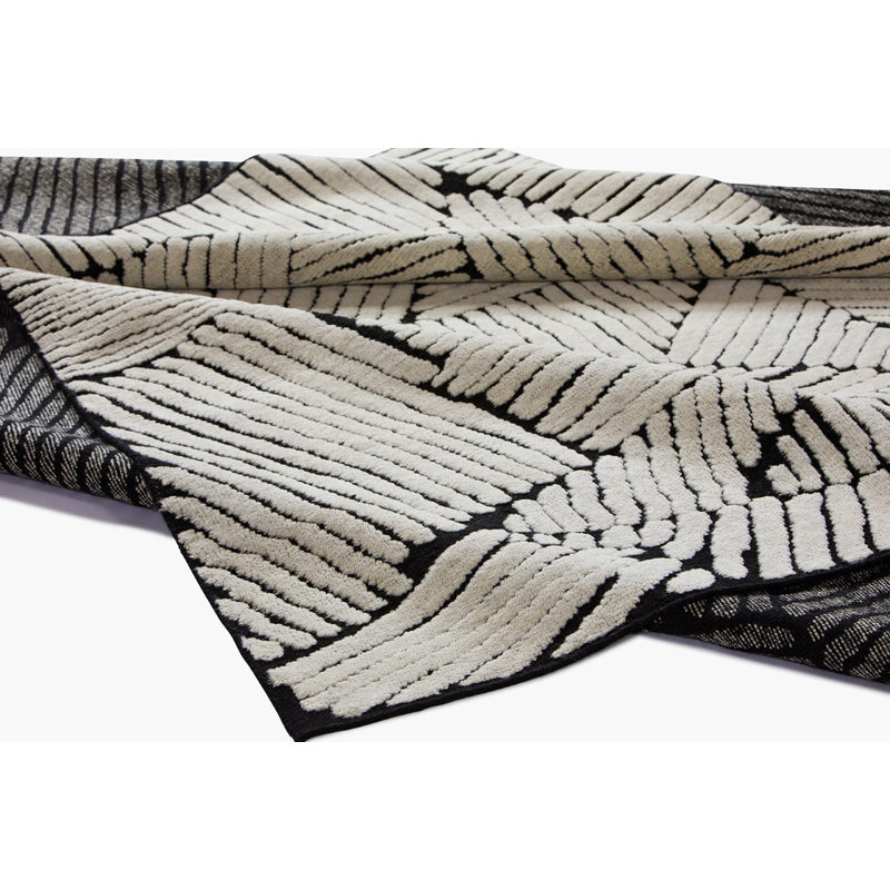 Ravine Hand Knotted Wool Geometric Area Rug in Black/Beige, Rectangle 3' x 5'