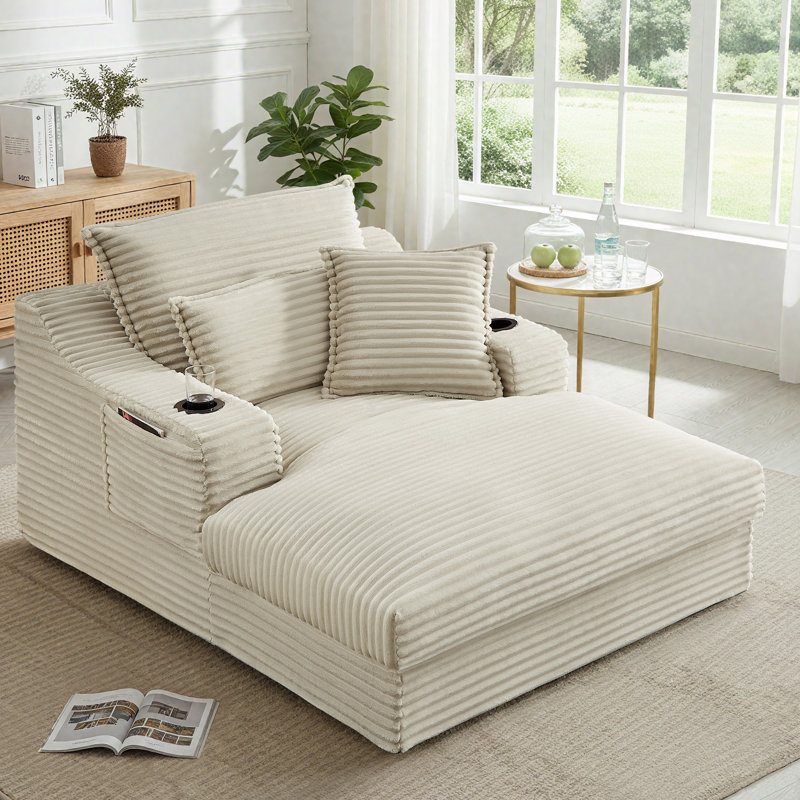 47.2" W Compression Corduroy Chaise Lounge, Deep Seat Sofa with Cup Holder and Storage Bag, No Assembly Required, Camel