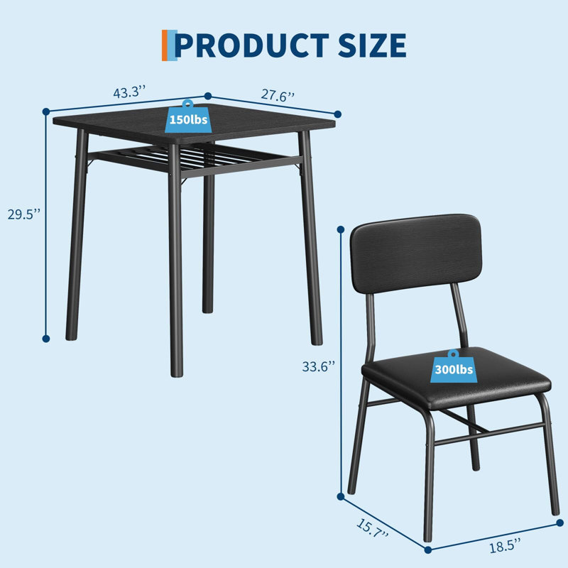 3-Piece Dining Table Set for 2 with Storage Rack – Modern Space-Saving Kitchen Table and 2 Upholstered Chairs, Wood Top & Metal Frame for Small Apartment, Breakfast Nook, or Dining Room