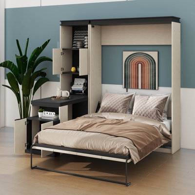 Lit escamotable double avec bureau intégré, tablettes de rangement et armoires pour une utilisation optimale de l'espace