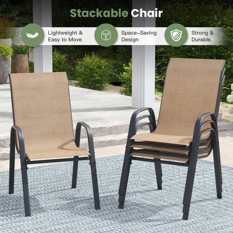 6-Person Rectangular Patio Dining Set With Umbrella & Textilene Stackable Chairs, Brown/Beige