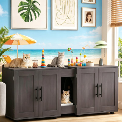 Enceinte de litière pour chat en bois avec double compartiment pour 2 chats - L 55 po x l 17,7 po x H 22,5 po - Meuble pour litière 3-en-1 avec diviseur pour le salon de la chambre à coucher, grande armoire fermée.
