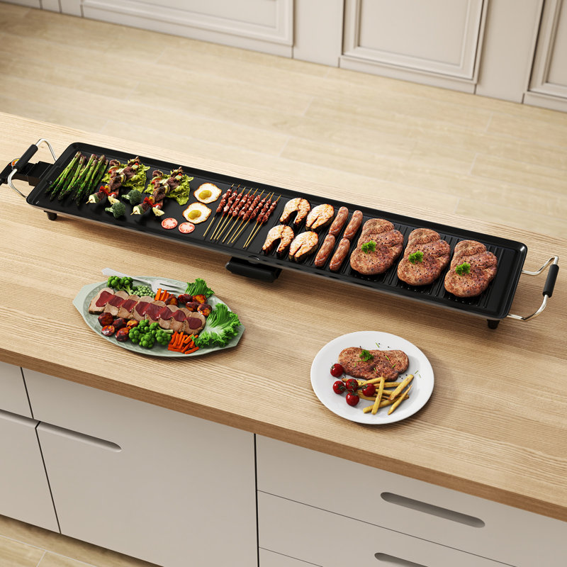 Très grand gril électrique portatif Teppanyaki de 39,5 po avec 2 surfaces de cuisson et 4 niveaux de contrôle du thermostat
