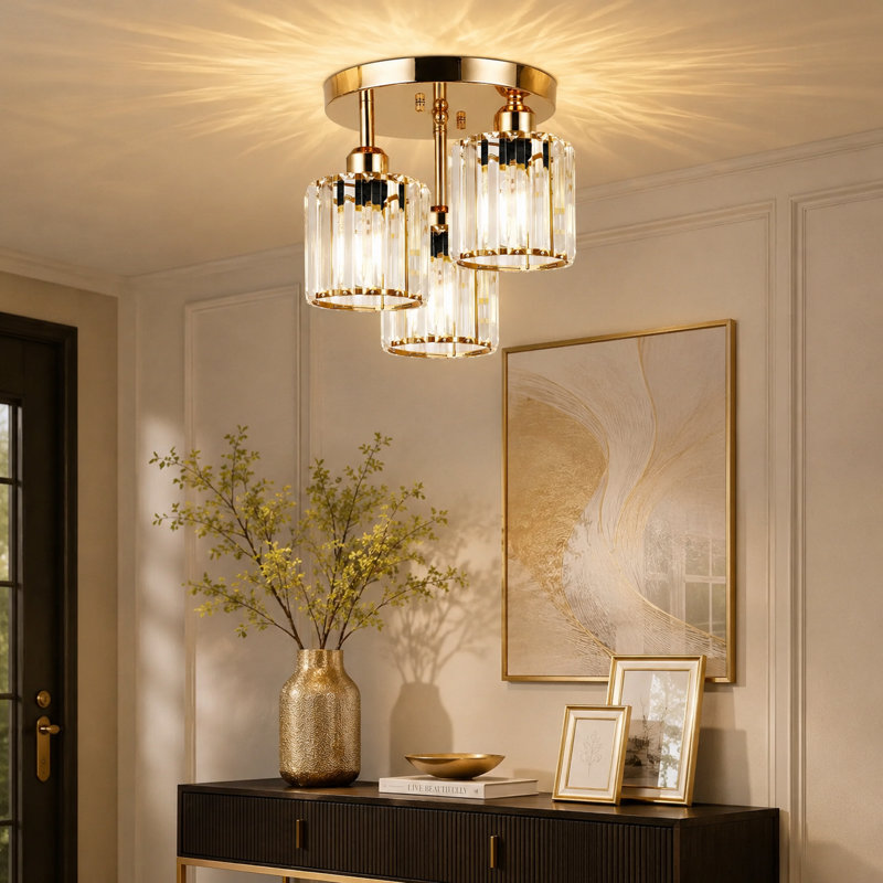 Modern Crystal Ceiling Light Fixtures, 3 - Light Semi Flush Mount Ceiling Light With Clear Crystal Shade, Gold