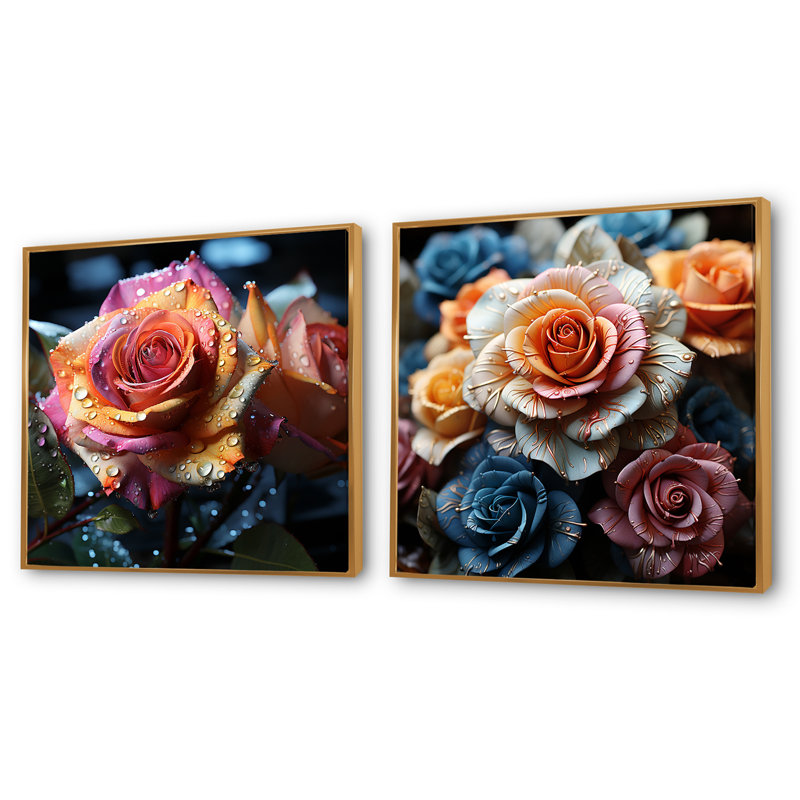 «Rainy Rose Burst Of Rainbow Colors», ensemble de 2 collages carrés floraux, Cadre flottant doré, H 30 po x l 61 po