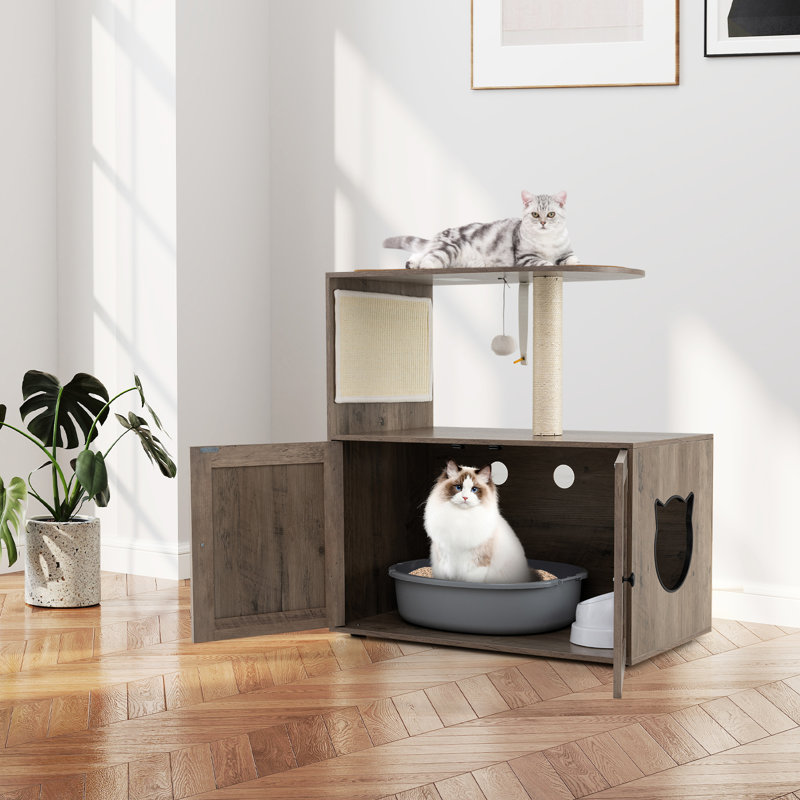 Tour à chat de 34,5 po en bois avec poteau à griffes et bac à litière en sisal