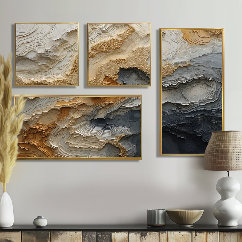 «Gold and Beige River Spiral», art abstrait sur toile, 4 pièces, Impression encadrée sans passe-partout, Doré