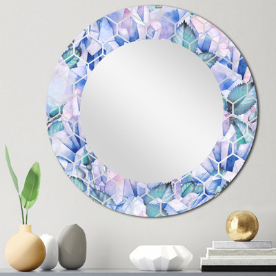 Miroir mural traditionnel à feuilles bleues et cristal rose