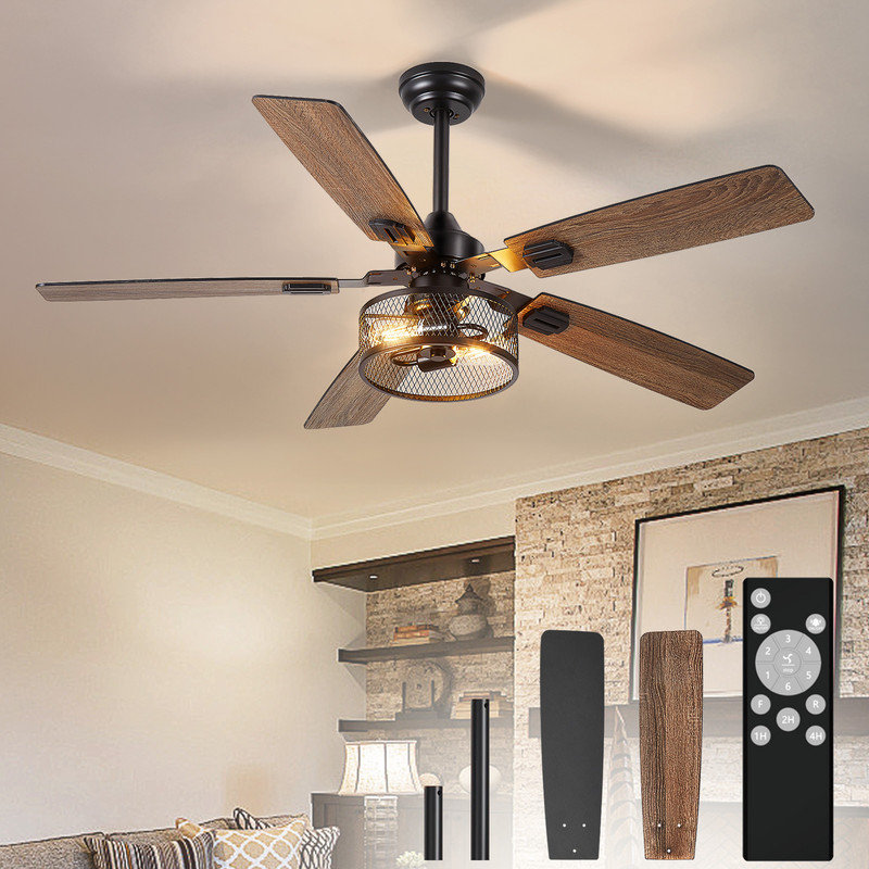 52 Inch Fine Net Caged Ceiling Fans with Lights, Dual Finish 5 Black Walnut Blades Hanging Fan, Rustic Ceiling Fan with Remote APP Control for Farmhouse Indoor/Outdoor Use