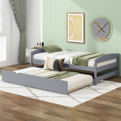 Lit plateforme gris simple avec lit gigogne simple, base de lit en bois massif avec tête de lit et support à lattes