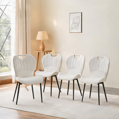 Chaises d'appoint modernes, ensemble de 4, avec poignée intégrée et pieds réglables, similicuir blanc, structure en métal noir mat