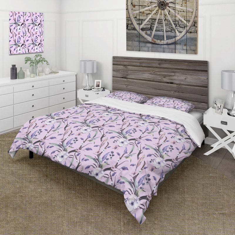 Anémones mauves sur fond rose - ensemble de housse de couette traditionnel - microfibre de polyester