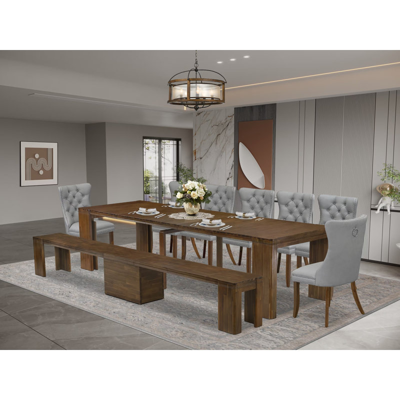 9-Pc Modern Dining Set contains an Extendable Rectangle Kitchen Table, 7 Polyester Fabric Dining Chairs and 1 Modern Bench, Antique Walnut