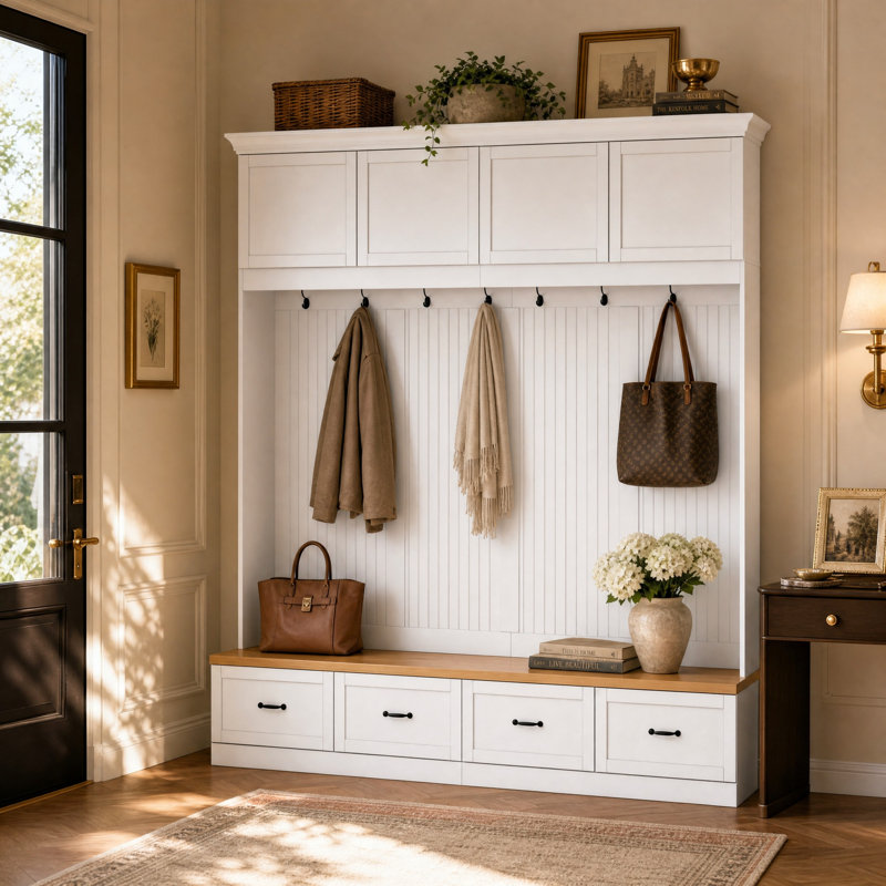 98.8" W Extra-Large Hall Tree with Bench, 4 Drawers, 2 Upper Cabinets and 7 Hooks