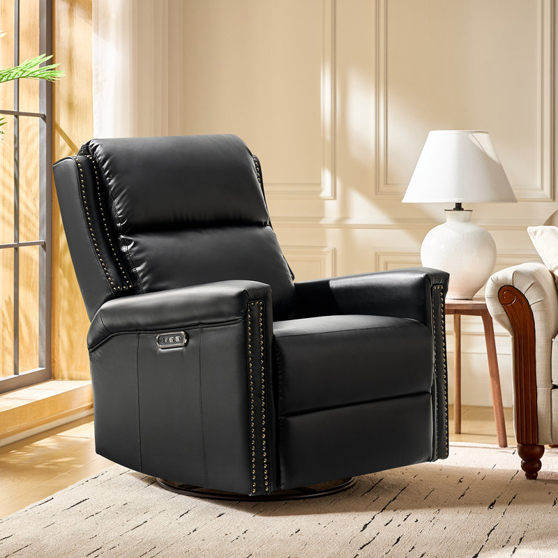 Medlin 31''W Transitional Faux Leather Dual Motor Swivel Rocker Recliner with USB Ports, Black