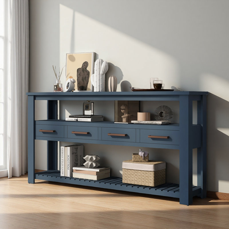 Grande table d'entrée de 61,5 po avec 4 tiroirs, console peinte avec tablettes ouvertes à 3 niveaux et poignées en métal, canapé de couloir polyvalent pour le salon