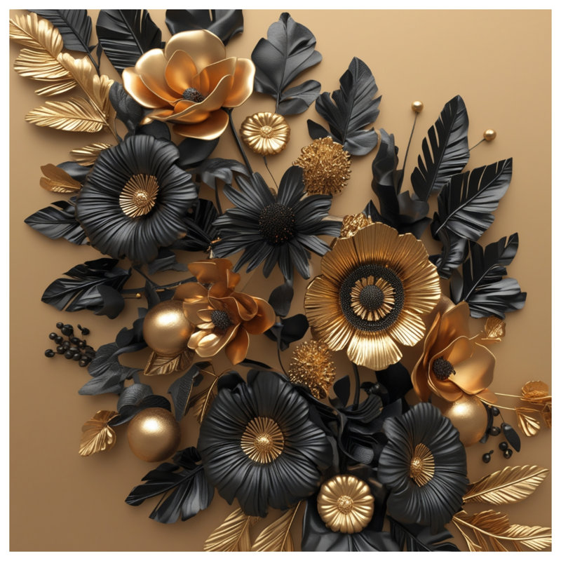 Rideaux de douche à motif floral doré noir très long, L 70 po x H 93 po