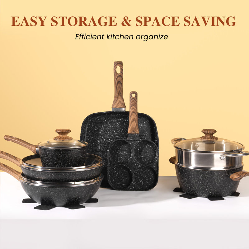 Batterie de cuisine antiadhésive en aluminium avec poignée amovible, ensemble de casseroles et de poêles 17 pièces, allant au four