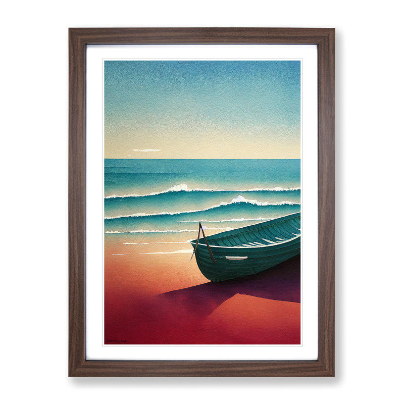 Boat on a Sandy Beach - Wall Art, 66cm H x 48cm W x 2cm D, Walnut Framed, White