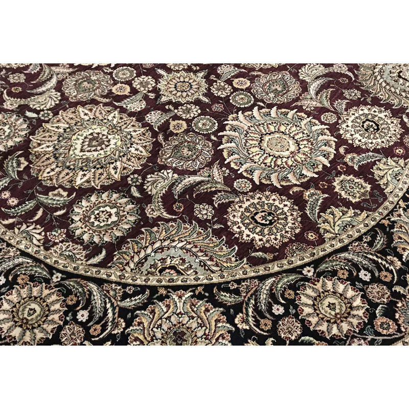 Tapis rond noir et vin de haute qualité noué à la main, Rond 8 pi