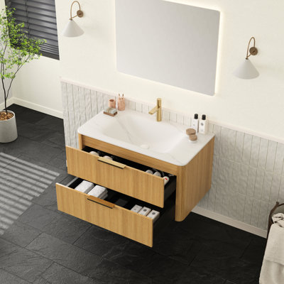 Meuble-lavabo de 36 po avec lavabo intégré en pierre frittée blanche, contreplaqué flottant, grille ultra-mince, glissières de tiroir à fermeture en douceur, meuble-lavabo à contreplaqué cintré à chaud, grands tiroirs, bords lisses