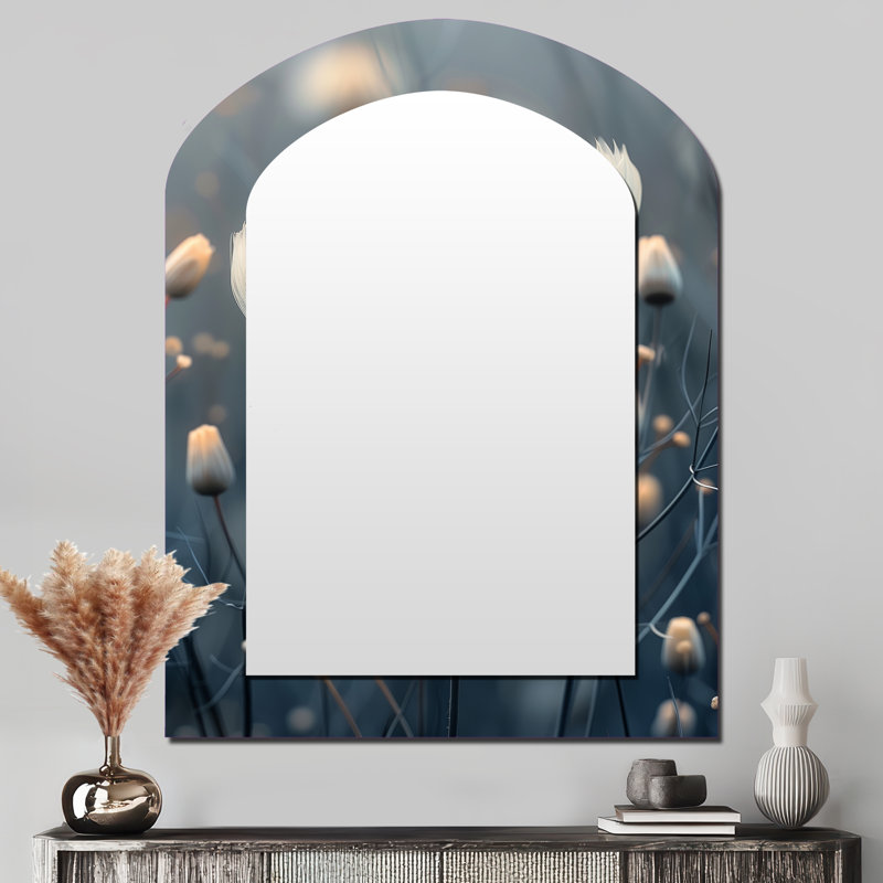 Monochrome White Grey Heather Hills Dandelion Photo II - White Modern Arch Wall Mirror, 43" x 33"