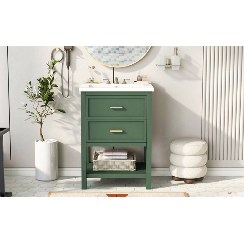 Meuble-lavabo 24 po avec lavabo supérieur, meuble-lavabo moderne avec 2 tiroirs et meuble-lavabo simple, Vert