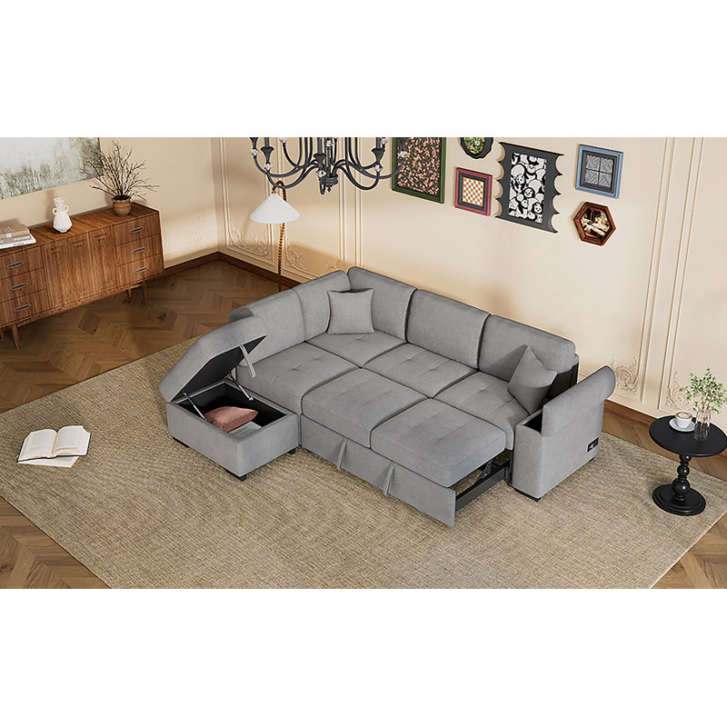 Canapé-lit modulaire en forme de L, canapé-lit en L avec repose-pieds et rangement avec accoudoirs, Velours gris velours