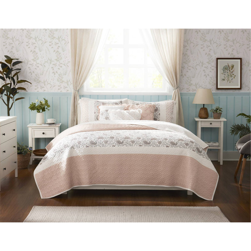 6 Piece Cotton Percale Quilt Set With Throw Pillows, King Quilt + 5 Additional Pieces, Blush