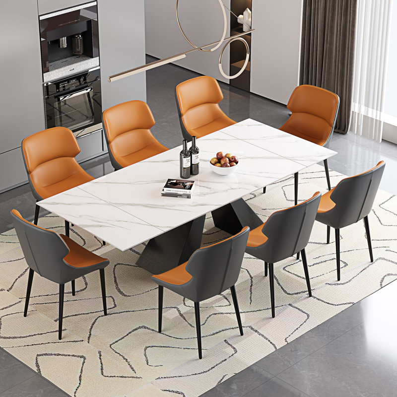 Ensemble de table de salle à manger 9 pièces avec table de salle à manger extensible en pierre frittée de 63 à 94,5 po et 8 chaises à oreilles en similicuir