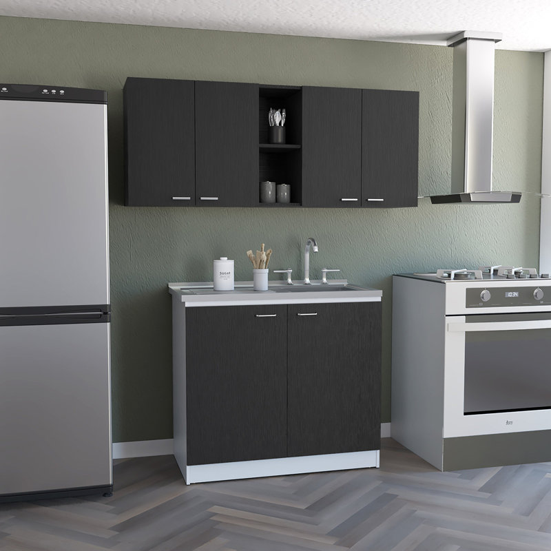 Ensemble de cuisine 2 pièces, armoire murale Olimpo 150 + évier utilitaire avec armoire Salento, noir / blanc