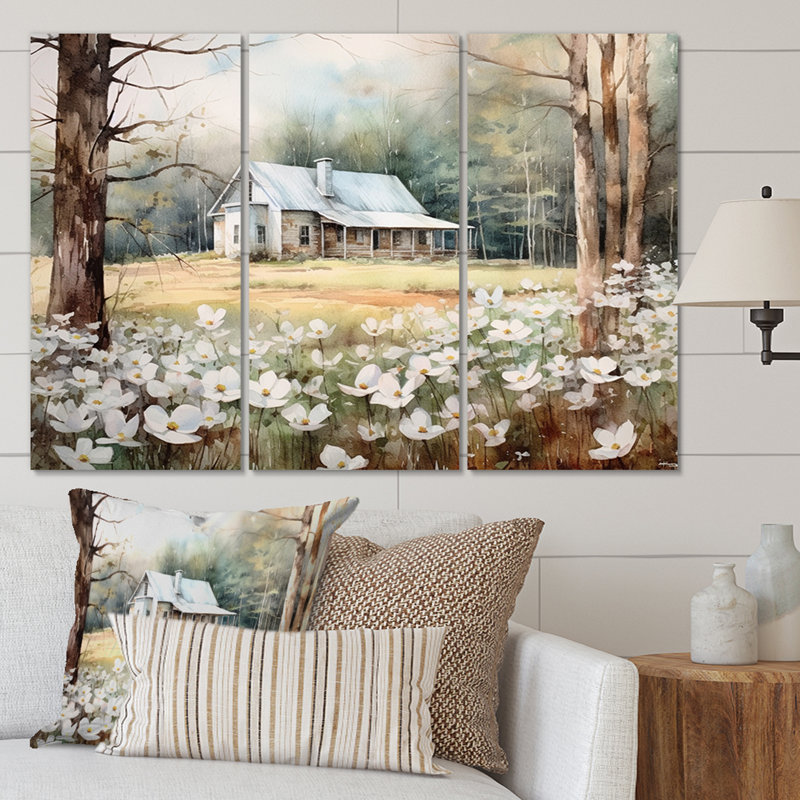 Reproduction sur toile 3 pièces, blanc, gris, cornouiller à la ferme II, H 32 po x l 48 po x P 1 po