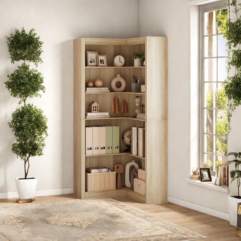 Corner Bookshelf, Farmhouse Corner Tall Bookcase 5 Tier L-shaped Corner Shelf Large Display Rack, Wood