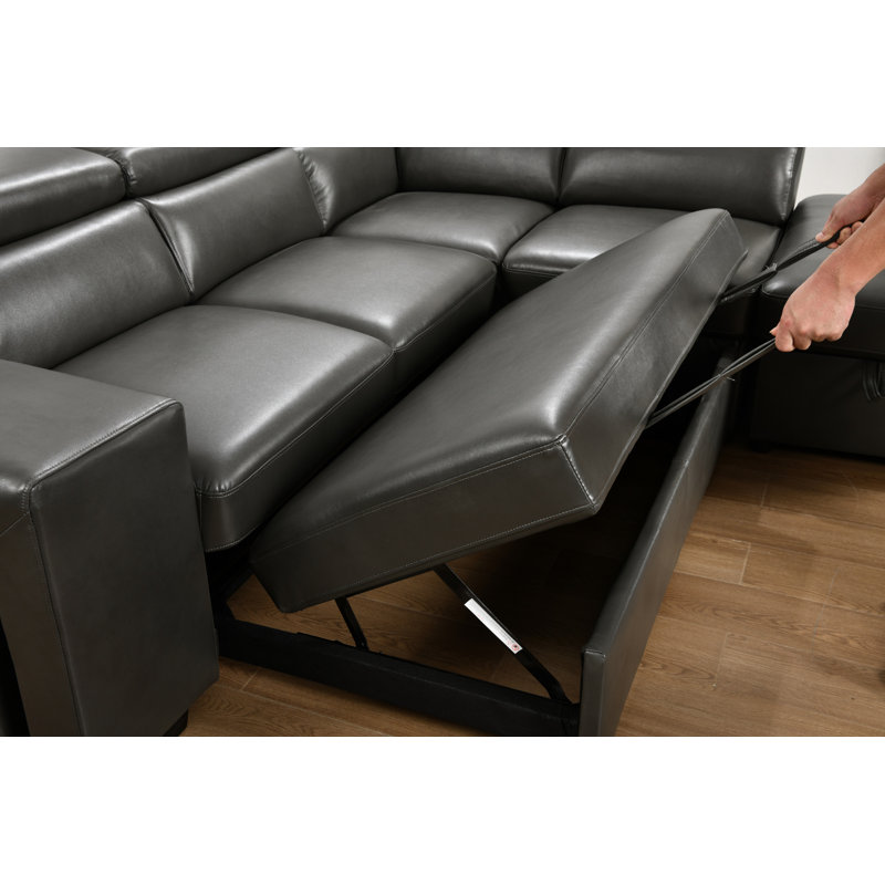 103" Wide Faux Leather Sectional Sleeper Sofa With Adjustable Headrest ,Sleeper Sectional Pull Out Couch Bed With Storage Ottoman And 2 Stools