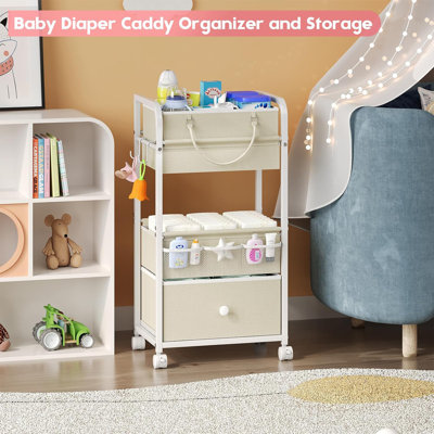 2In1 Tissue & Paper Towel Storage Organizer, 3 Tier Rolling Cart with Drawer, Detachable Dividers, Mobile Utility Cart for Household Paper Products, W