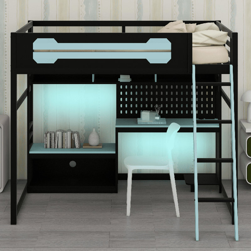 Lit mezzanine en bois avec bureau, Noir / Bleu
