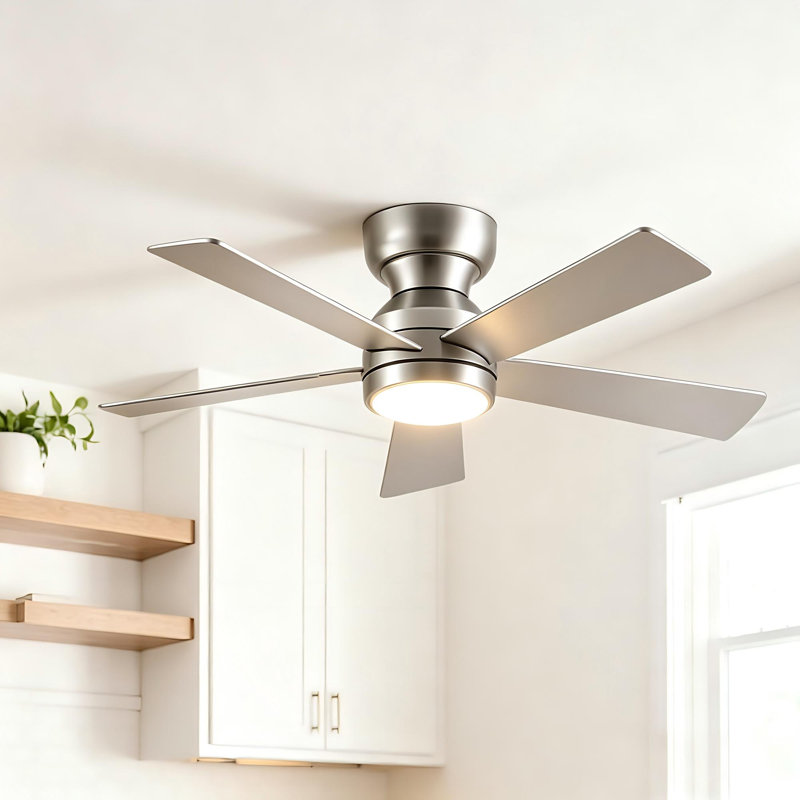 46" Low Profile Ceiling Fan with Light and Remote, 5-Blade Flush Mount Fan, Nickel, White