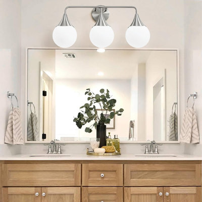 Bathroom Vanity Light Fixtures: 3-Light Mid Century Modern Bathroom Lighting Fixtures Over Mirror - Wall Sconce With Milky White Globe Glass For Bath Living Room
