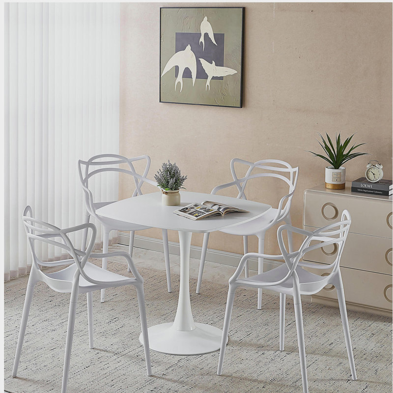 Ensemble de salle à manger 1 + 4,5 pièces, table de salle à manger à pieds en métal pour 4-6 personnes avec plateau en panneau de fibres à densité moyenne, table de salle à manger à piédestal, table basse de loisirs