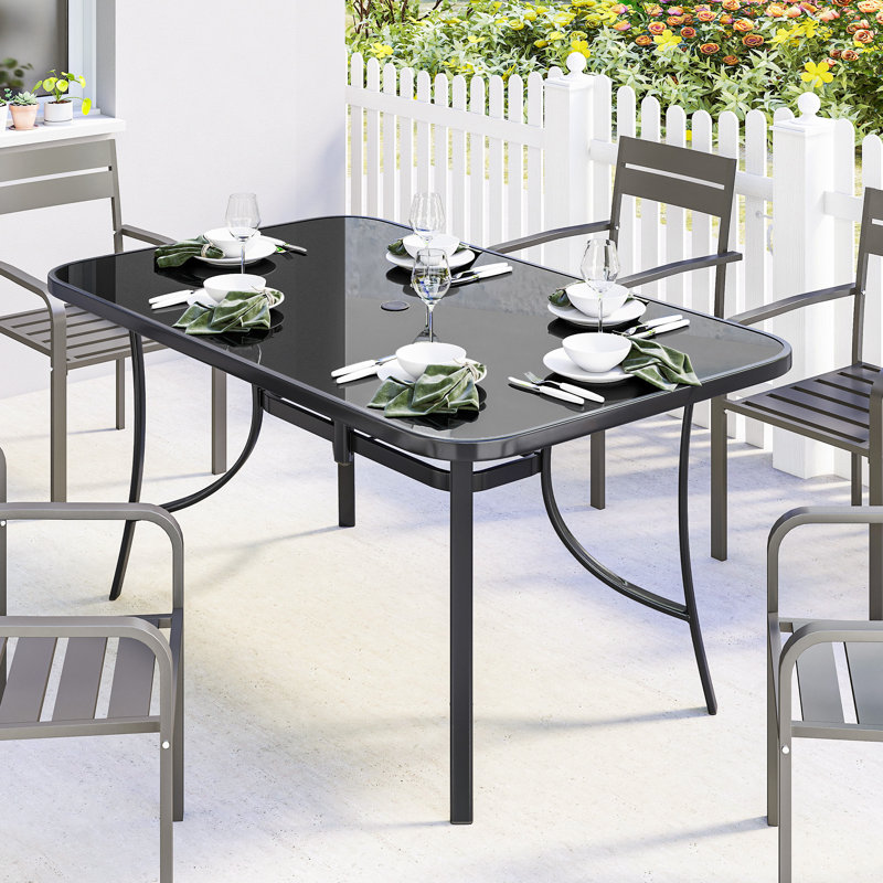 Table de salle à manger d'extérieur pour 6 personnes avec trou pour parasol, noir