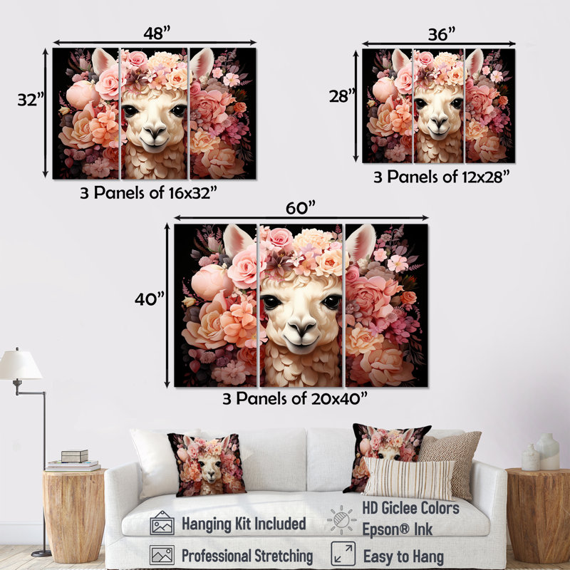 Fleur rose, couronne d'alpaga, art mural, H 28 po x l 36 po x P 1 po, Toile tendue