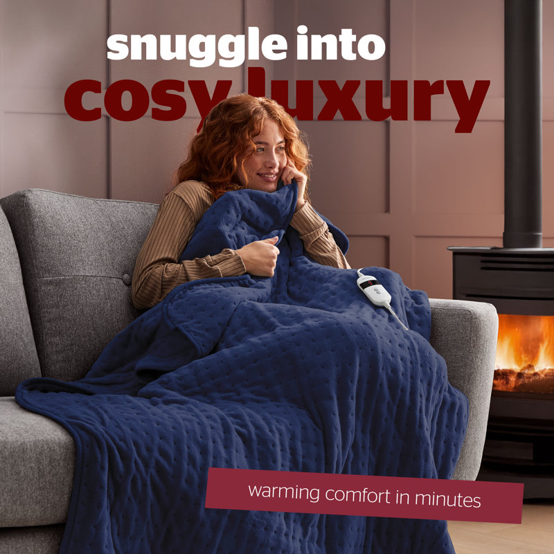 Silentnight Comfort Control Heated Throw Super-soft with 9 Settings Over Blanket, Navy