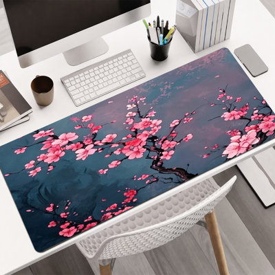 Tapis de souris en caoutchouc, surface lisse en microfibre, base antidérapante, bords arrondis, motif floral bleu et rose, idéal pour le bureau et les jeux vidéo, 30,5 x 81 cm.
