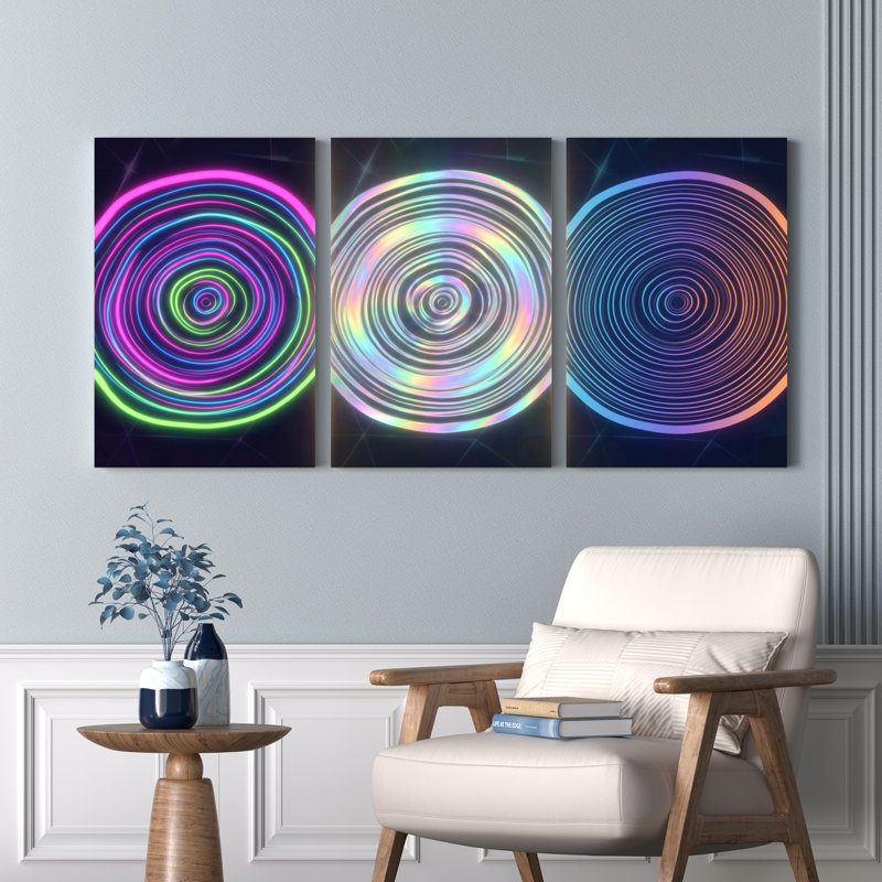 Ensemble de 3 tableaux sur toile à motif abstrait de cercles néon, H 18 po x l 36 po