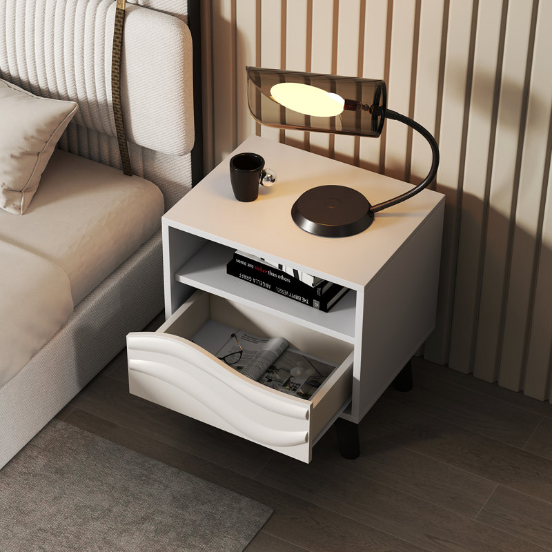Nightstand w/ Drawer 3D Wavy Pattern & Open Shelf Small Sofa Couch Side Table, Set of 2