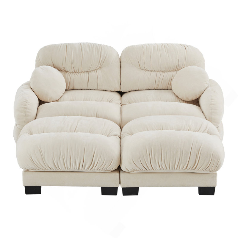 Canapé modulaire confortable à 2 places en tissu de chenille plissé avec siège ergonomique en mousse haute densité, canapé modulaire en forme de L avec 2 repose-pieds, accoudoirs arrondis arrondis et 2 coussins décoratifs ronds