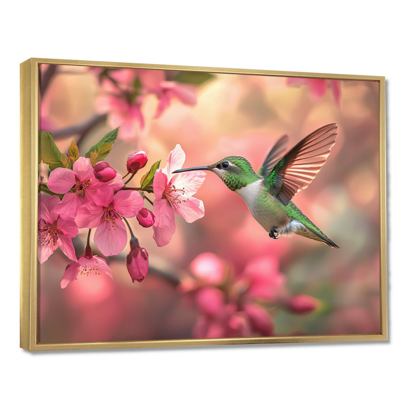 Colibri et fleurs - oiseau, art mural, Cadre flottant, H 24 po x l 32 po, Doré