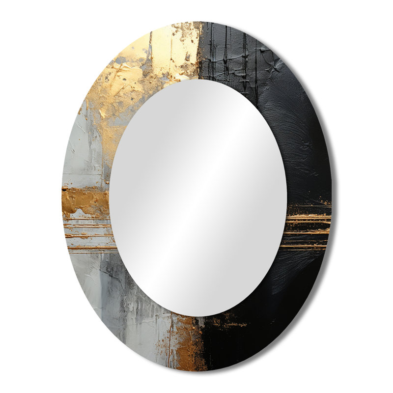 Black And Gold Abstract Meditation IV - Abstract Oval Decorative Mirror On Metal, 43" x 33"