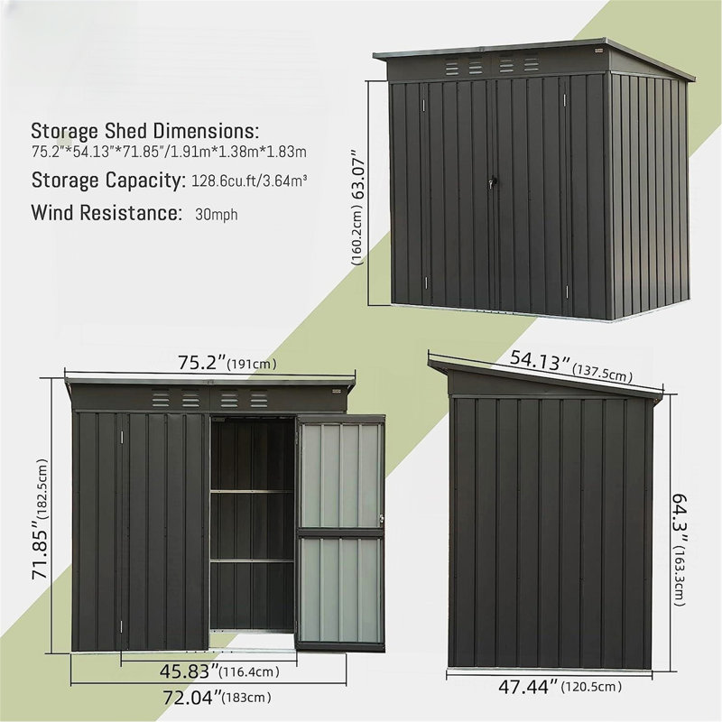 Backyard Storage Shed With Sloping Roof Galvanized Steel Frame Outdoor Garden Shed Metal Utility Tool Storage Room With Latches And Lockable Door (6X4ft, Dark Gray)